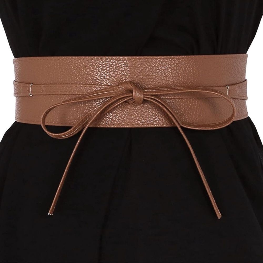 𝅺Women Soft PU Leather Obi Belt Self Tie Brown